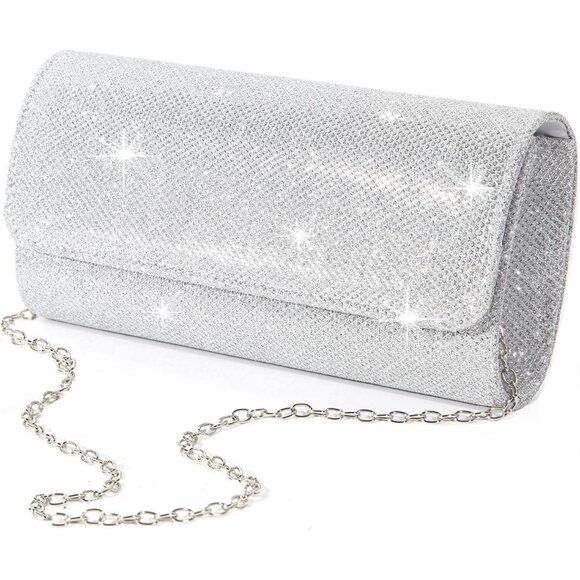 Silver White Evening Clutch Purse for Women Sparkling Party Wedding Handbag - Picture 1 of 6